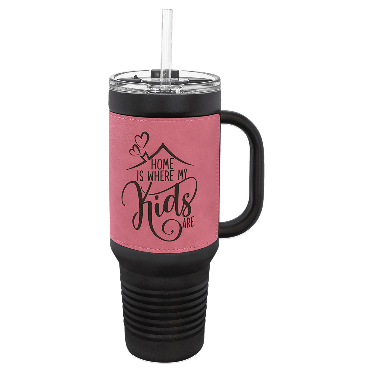 40 oz. Black with Laserable Leatherette Travel Mug with Handle & Straw