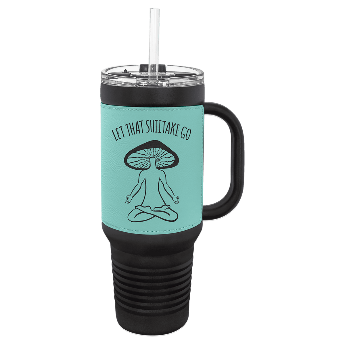 40 oz. Black with Laserable Leatherette Travel Mug with Handle & Straw