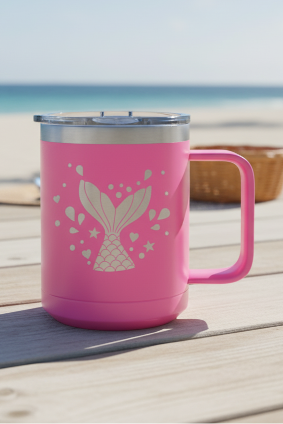 Pink mug with a mermaid design on a wooden surface at the beach