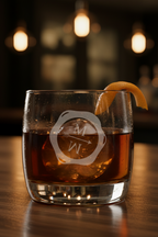 Glass of whiskey with an orange twist on a wooden bar, blurred lights in the background