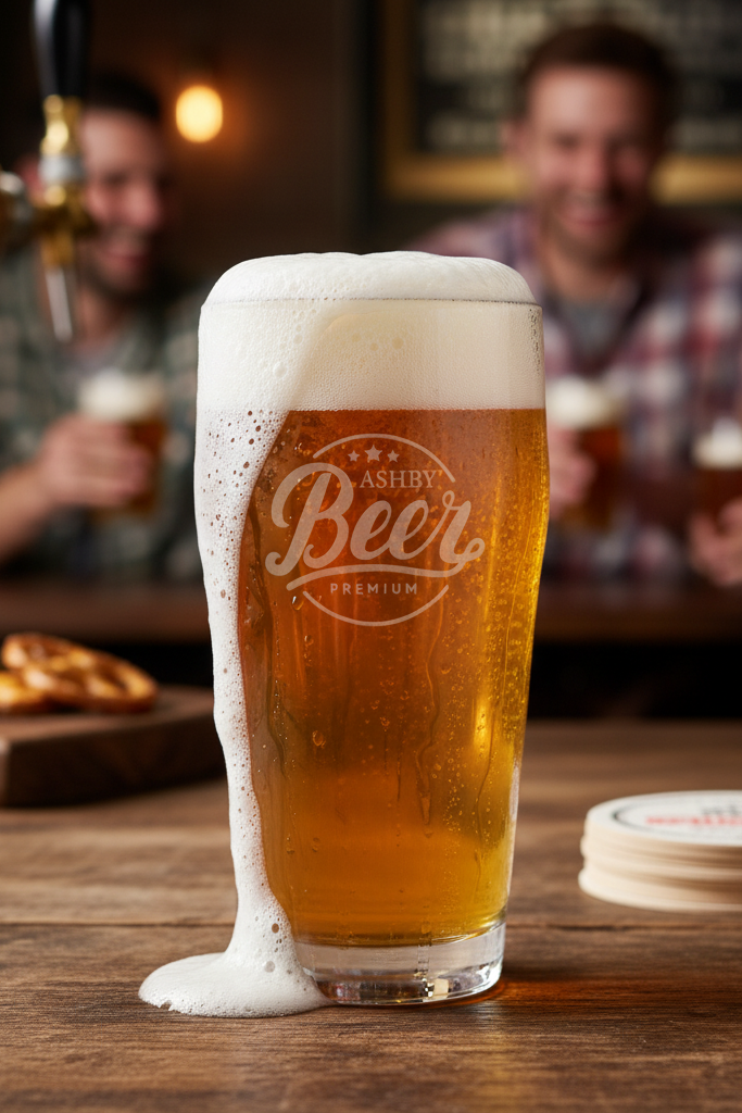 Glass of Ashby Beer with people in the background at a bar.