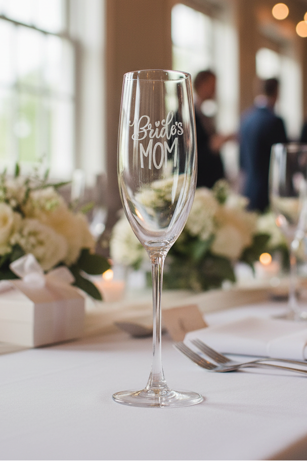 Champagne flute with 'Brides Mom' engraving on a decorated table with flowers and guests in the background.