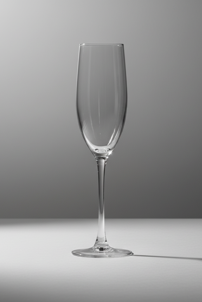 Clear champagne flute on a gray background
