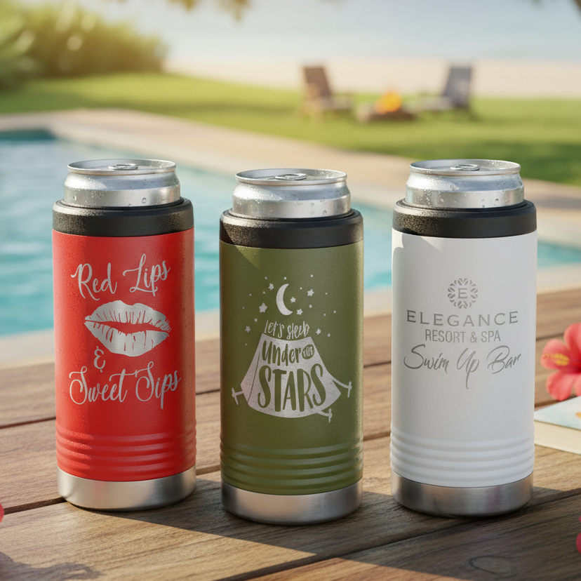 Three insulated drink containers on a wooden surface with a pool and garden in the background